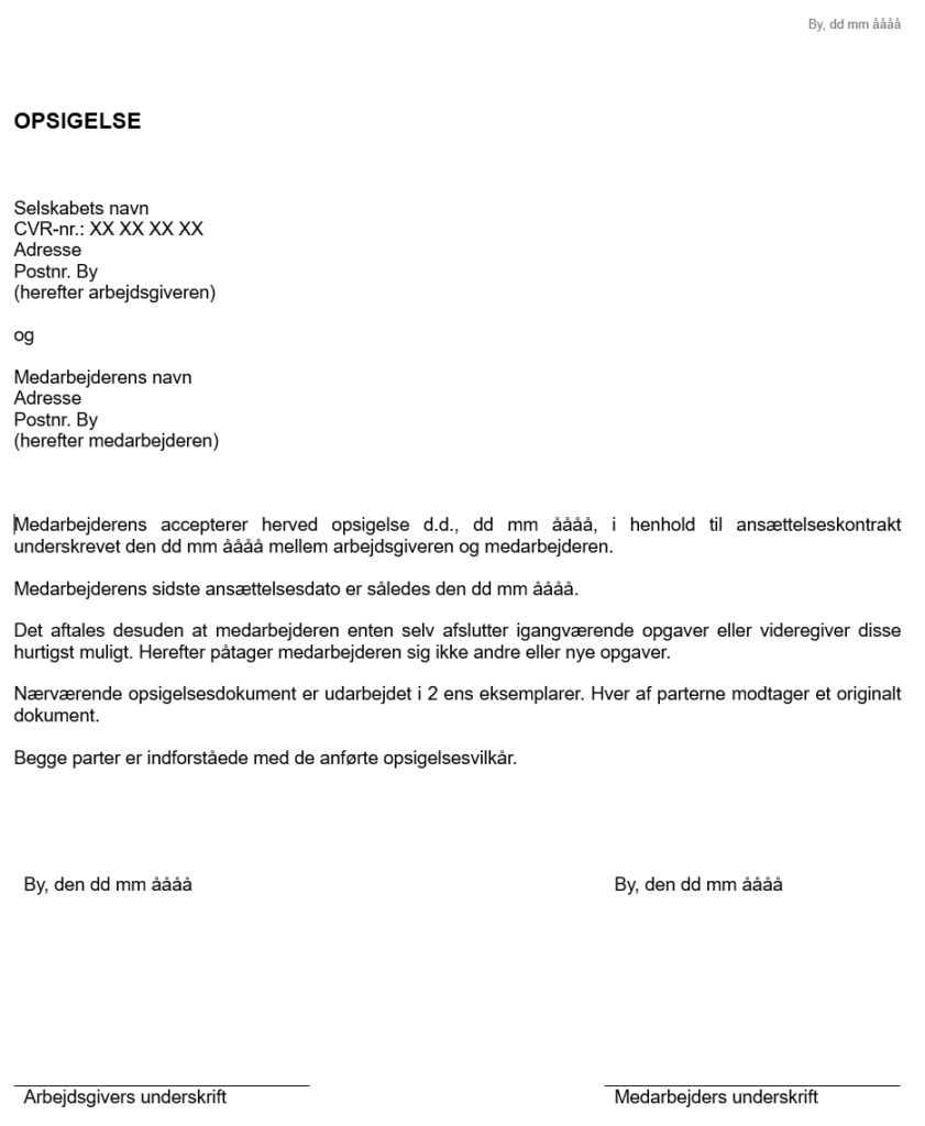 Opsigelsesdokument i forbindelse med afskedigelse